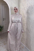 Rima Floral Print Tie Waist Abaya Hijab Set-Grey