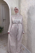 Rima Floral Print Tie Waist Abaya Hijab Set-Grey
