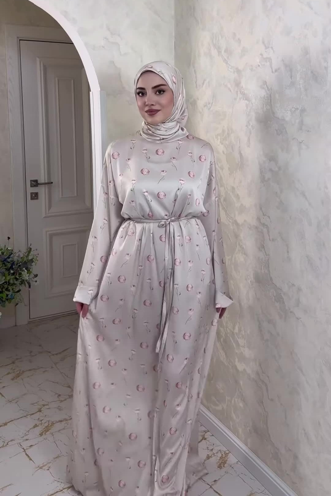 Rima Floral Print Tie Waist Abaya Hijab Set-Grey