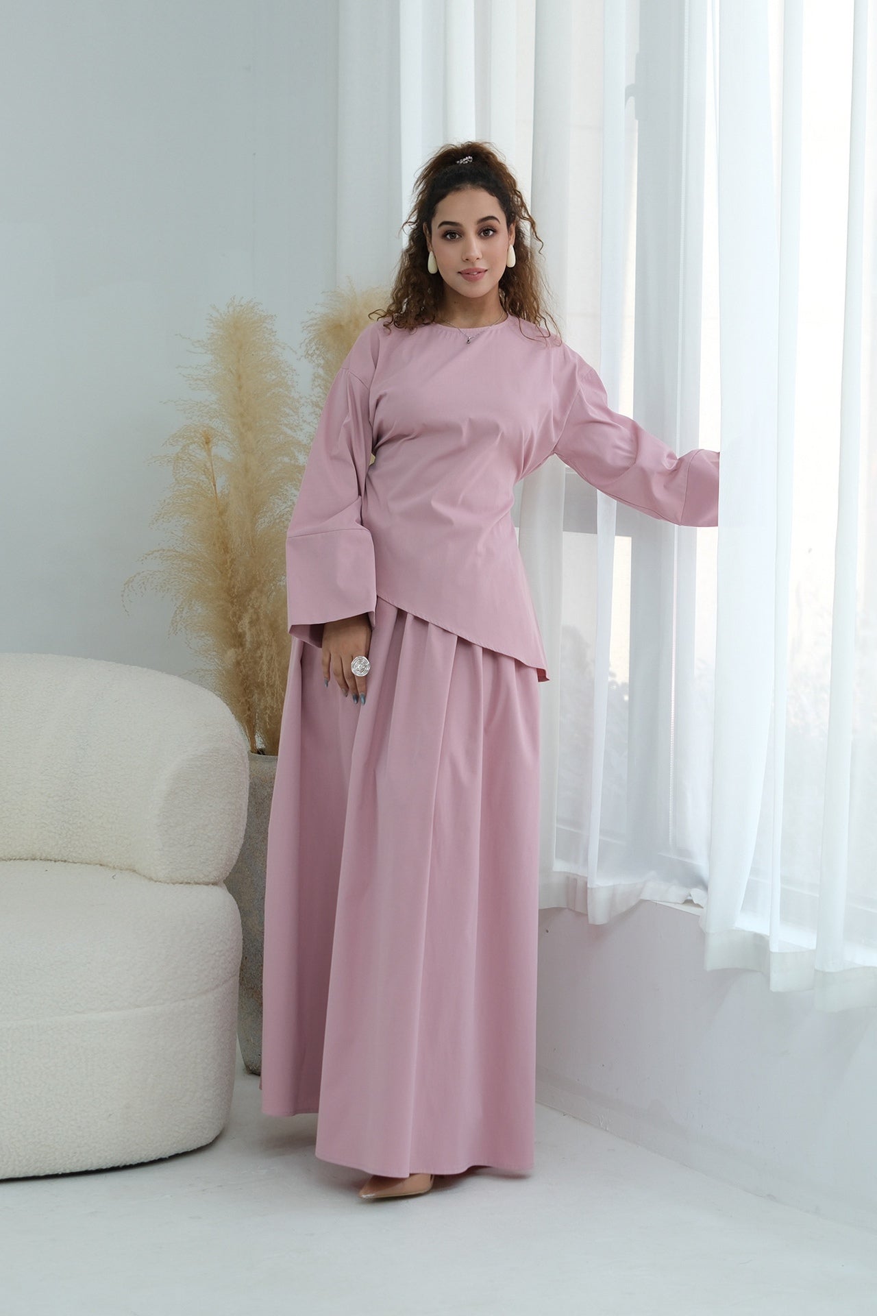 Zahra Asymmetrical Two Piece Maxi Set-Pink