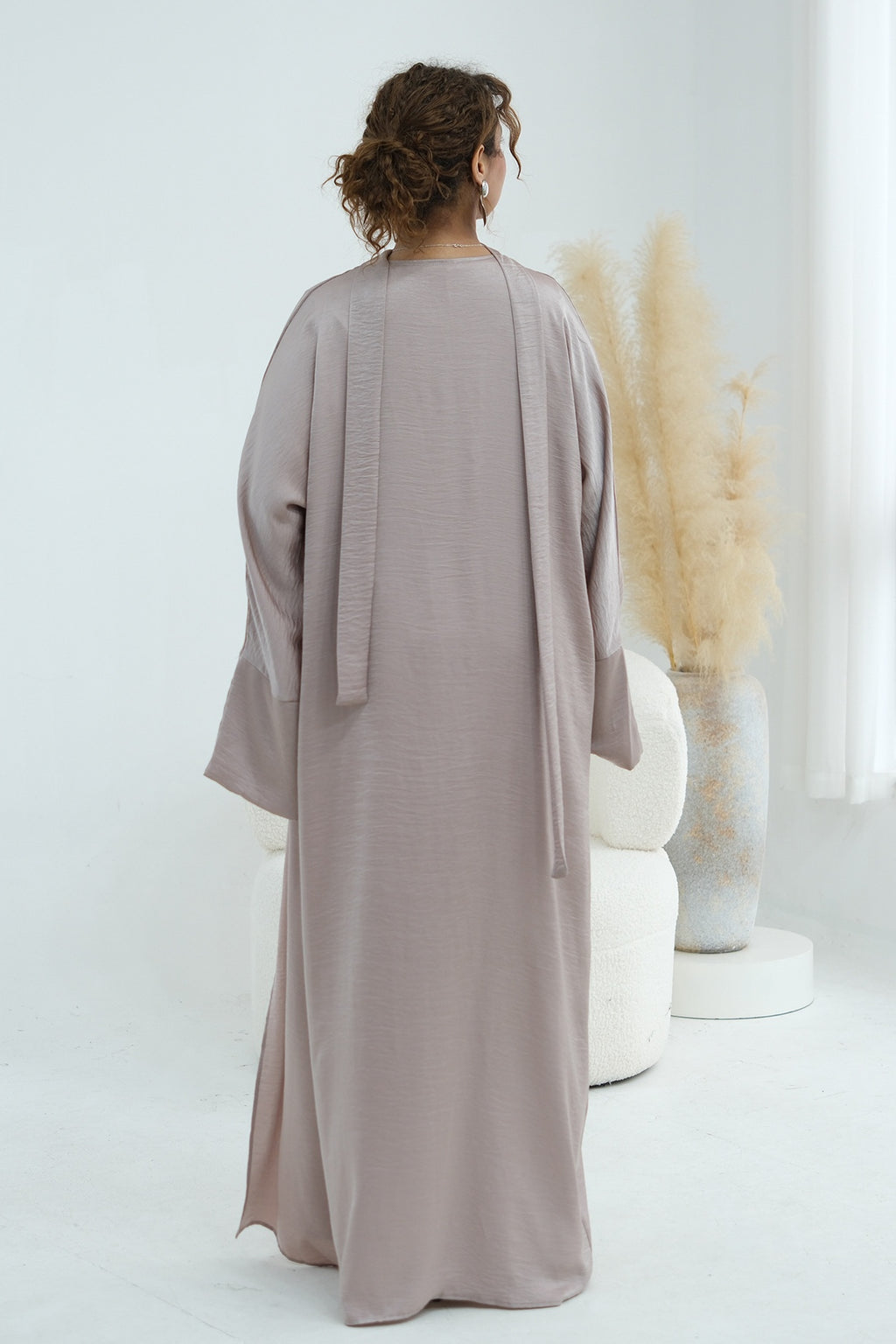 Basma Lace Cuff Stand Collar Long Abaya-Grey