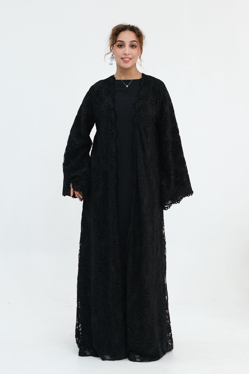 Nurul Floral Lace Open Front Long Abaya-Black
