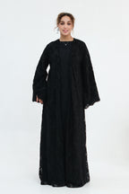 Nurul Floral Lace Open Front Long Abaya-Black