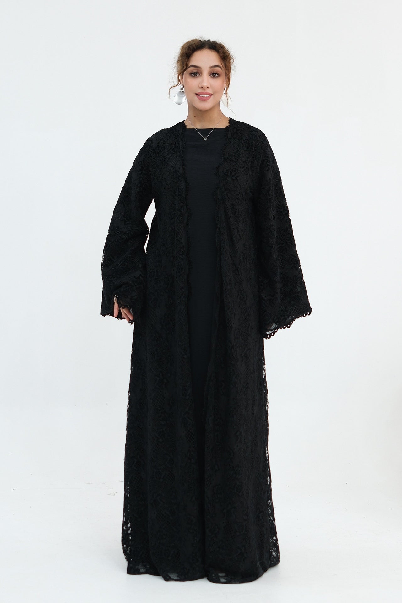 Nurul Floral Lace Open Front Long Abaya-Black