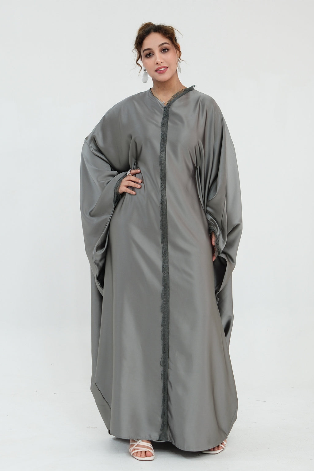 Sara Lace Trim Batwing Satin Abaya-Grey