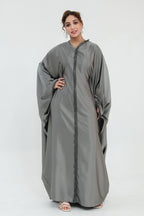 Sara Lace Trim Batwing Satin Abaya-Grey