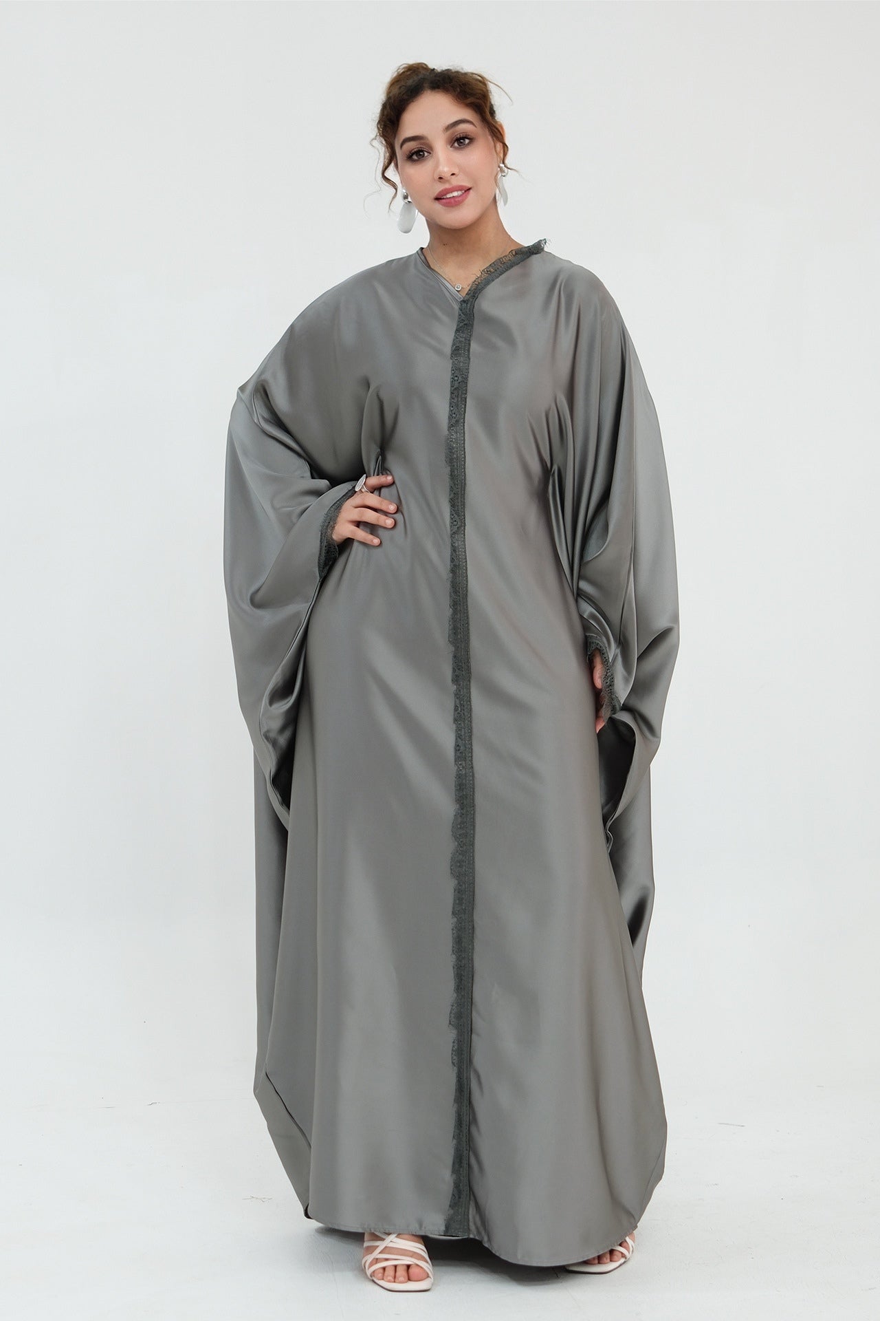 Sara Lace Trim Batwing Satin Abaya-Grey