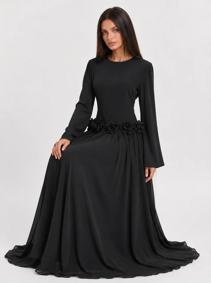 Amaya Flowerfall Gown -Black
