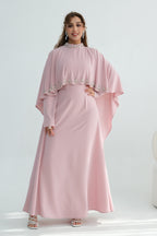 Maya Rhinestone Cape Layer Maxi Dress-Pink