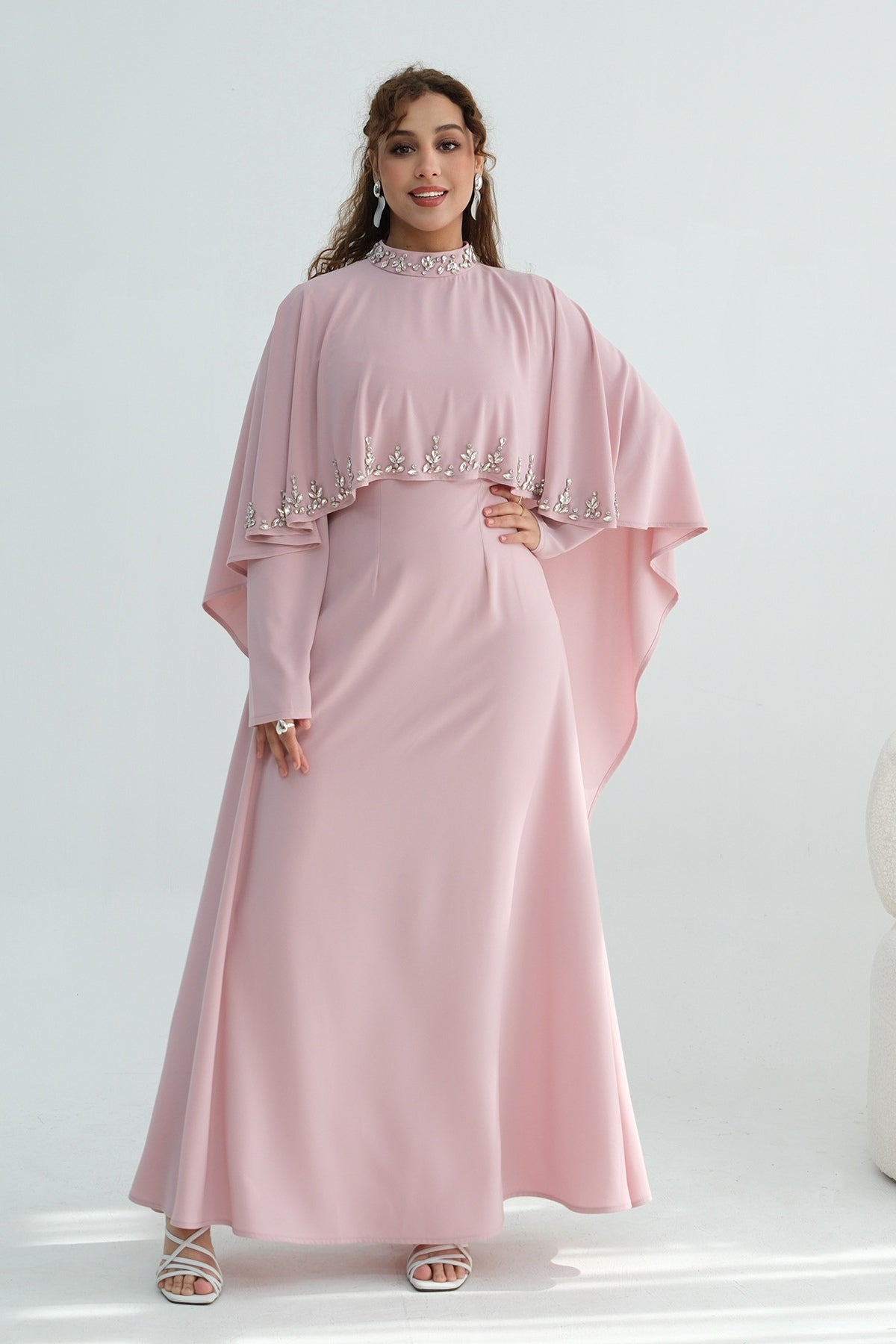 Maya Rhinestone Cape Layer Maxi Dress-Pink