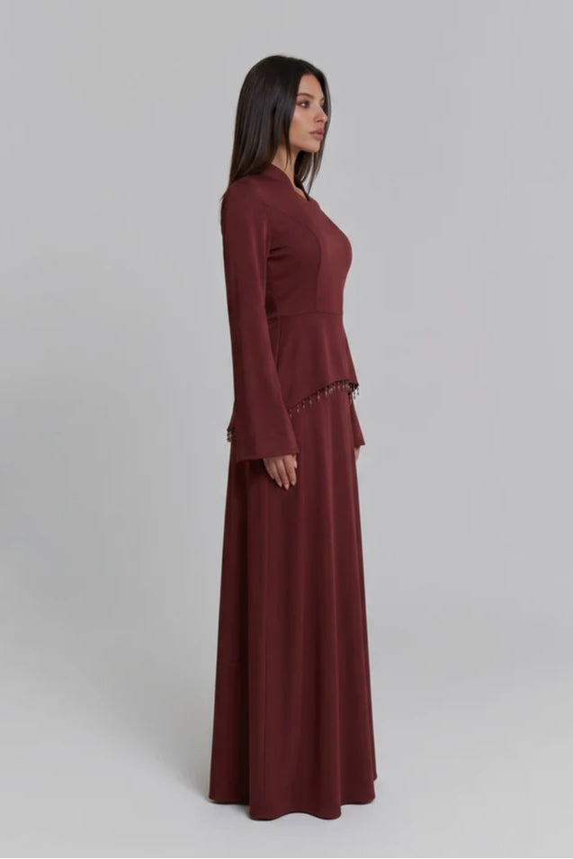 Nur V Neck Beaded Two Piece Abaya-Red