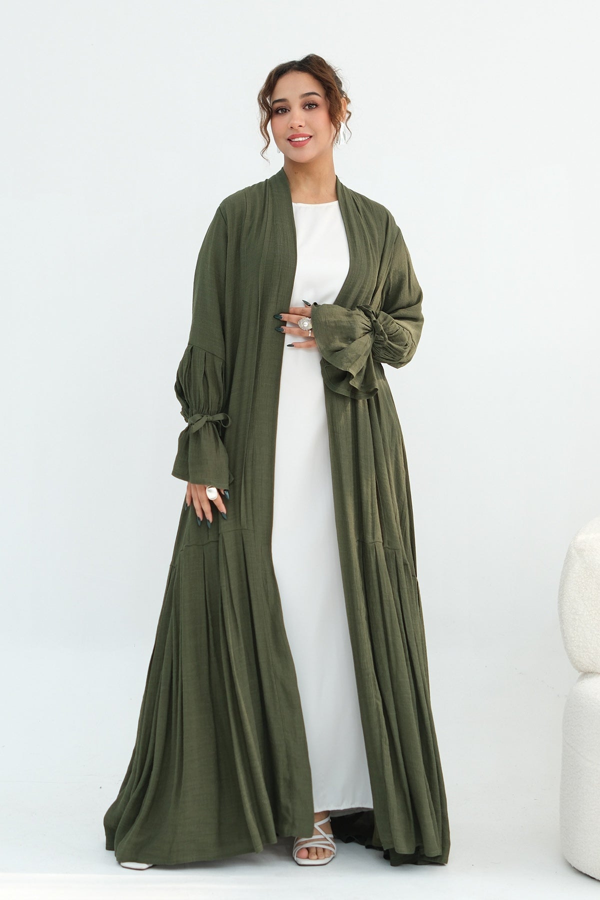 Rahma Tiered Flare Cuff Open Abaya-Green