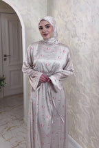 Rima Floral Print Tie Waist Abaya Hijab Set-Grey