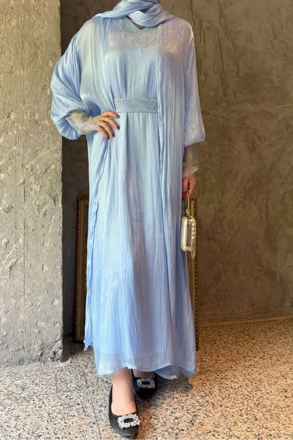 Sara Rhinestone Cuff Two-Piece Abaya-Blue
