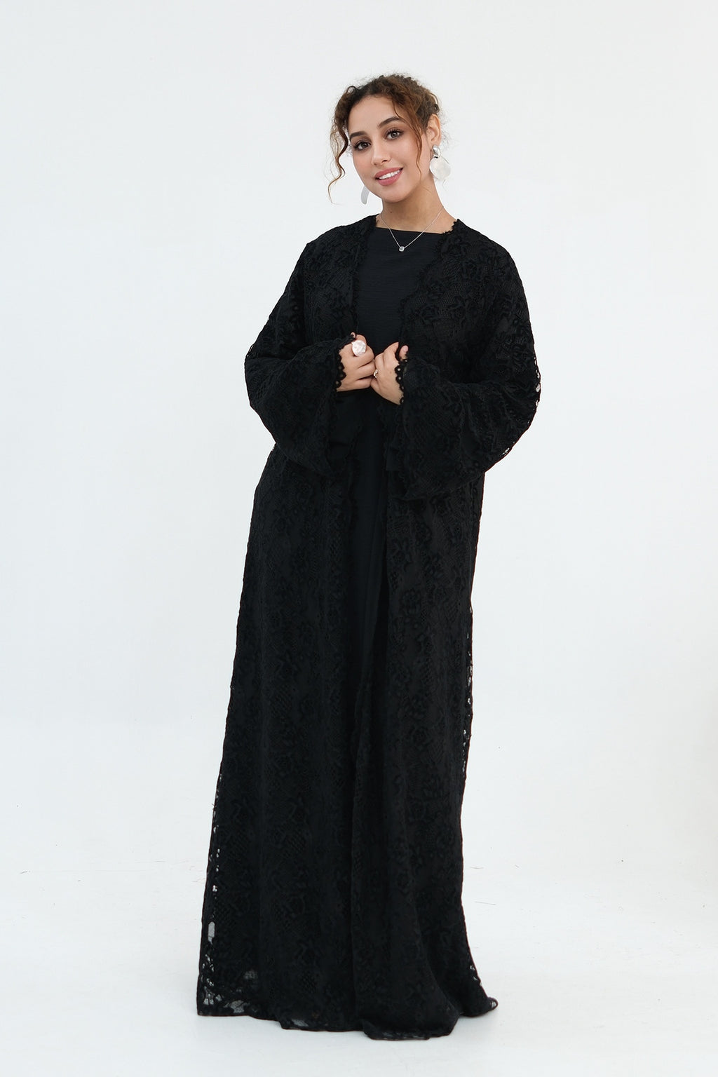 Nurul Floral Lace Open Front Long Abaya-Black