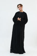 Nurul Floral Lace Open Front Long Abaya-Black