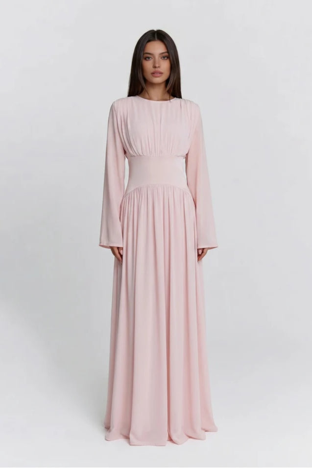 Iris Gathered Waist Flare Sleeve Maxi Dress-Pink