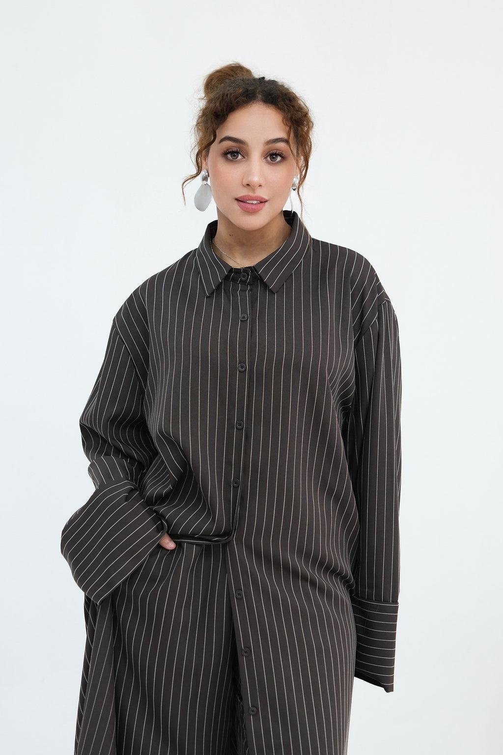 Muna Striped Shirt Long Two Piece Set-DarkGrey