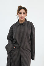 Muna Striped Shirt Long Two Piece Set-DarkGrey
