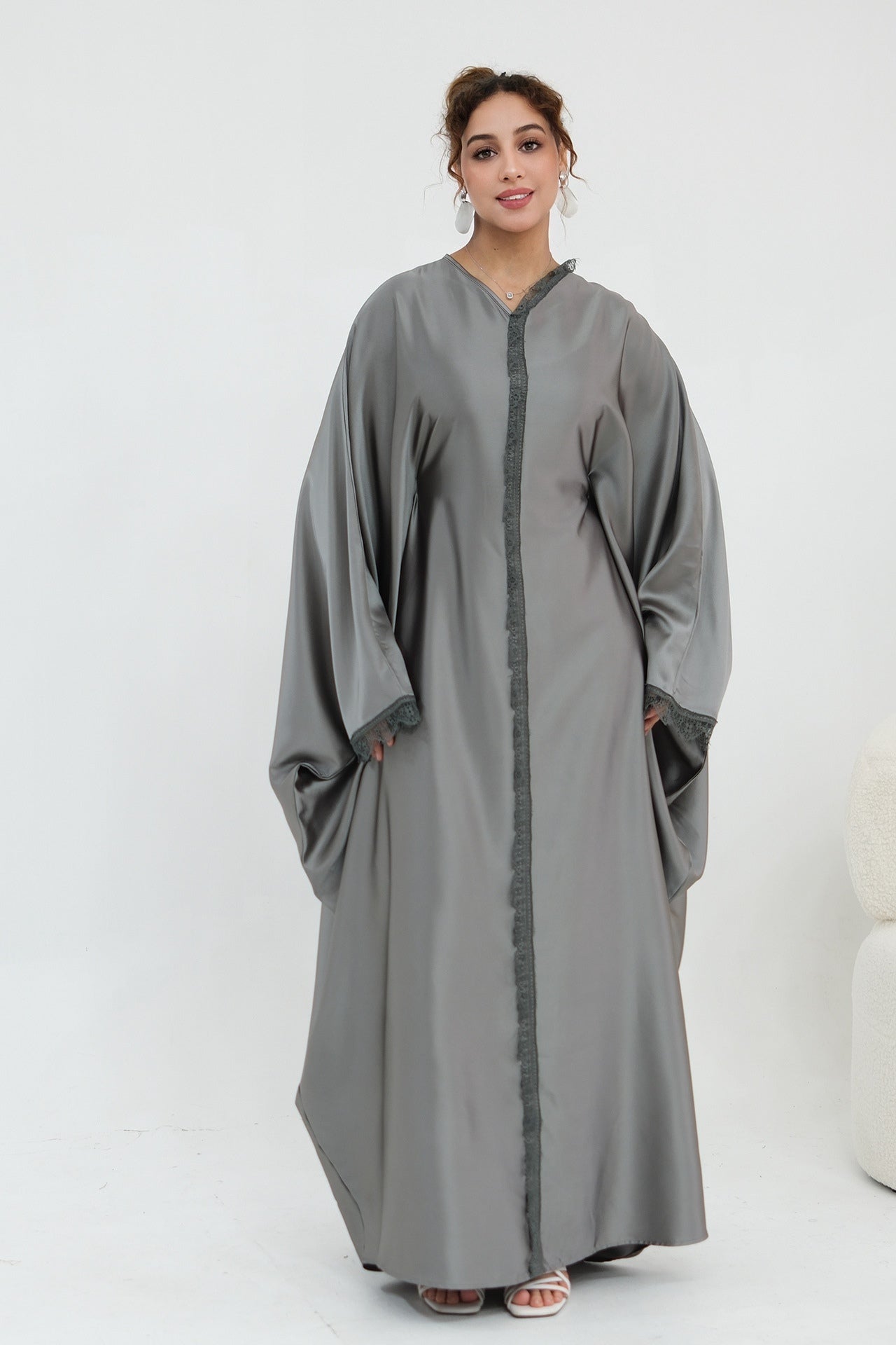 Sara Lace Trim Batwing Satin Abaya-Grey