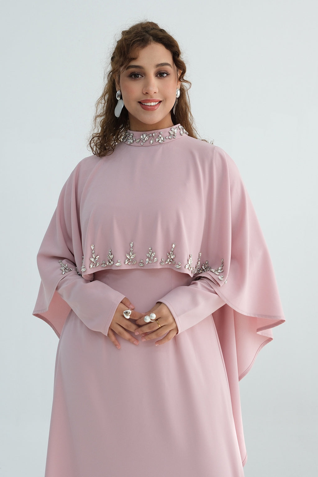 Maya Rhinestone Cape Layer Maxi Dress-Pink