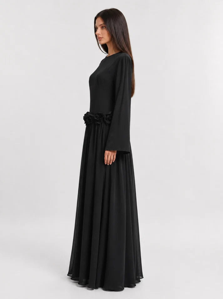 Amaya Flowerfall Gown -Black
