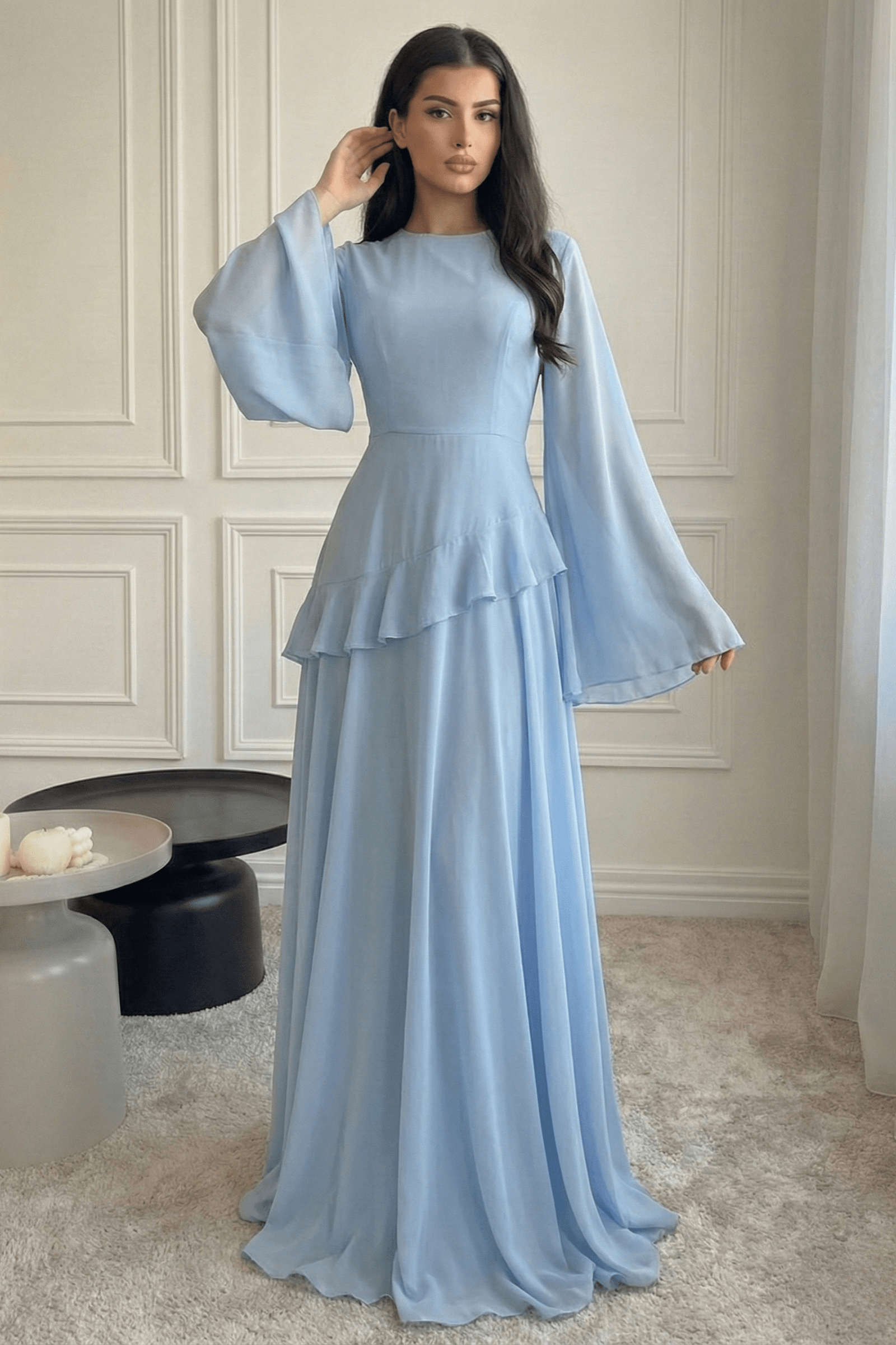 Elegant Luxury Lightweight Long Sleeve Maxi Dress-Blue