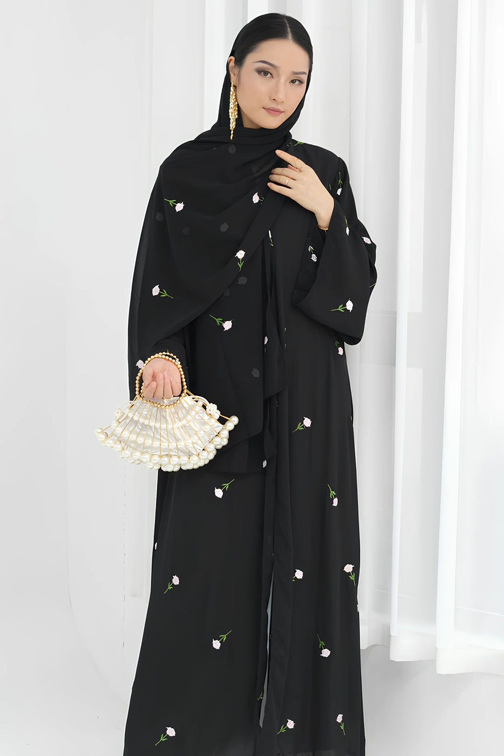Floral Embroidered Abaya & Hijab Set-Black