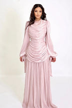 Dina Tie Cuff Draped Pleated Maxi Dress-Pink