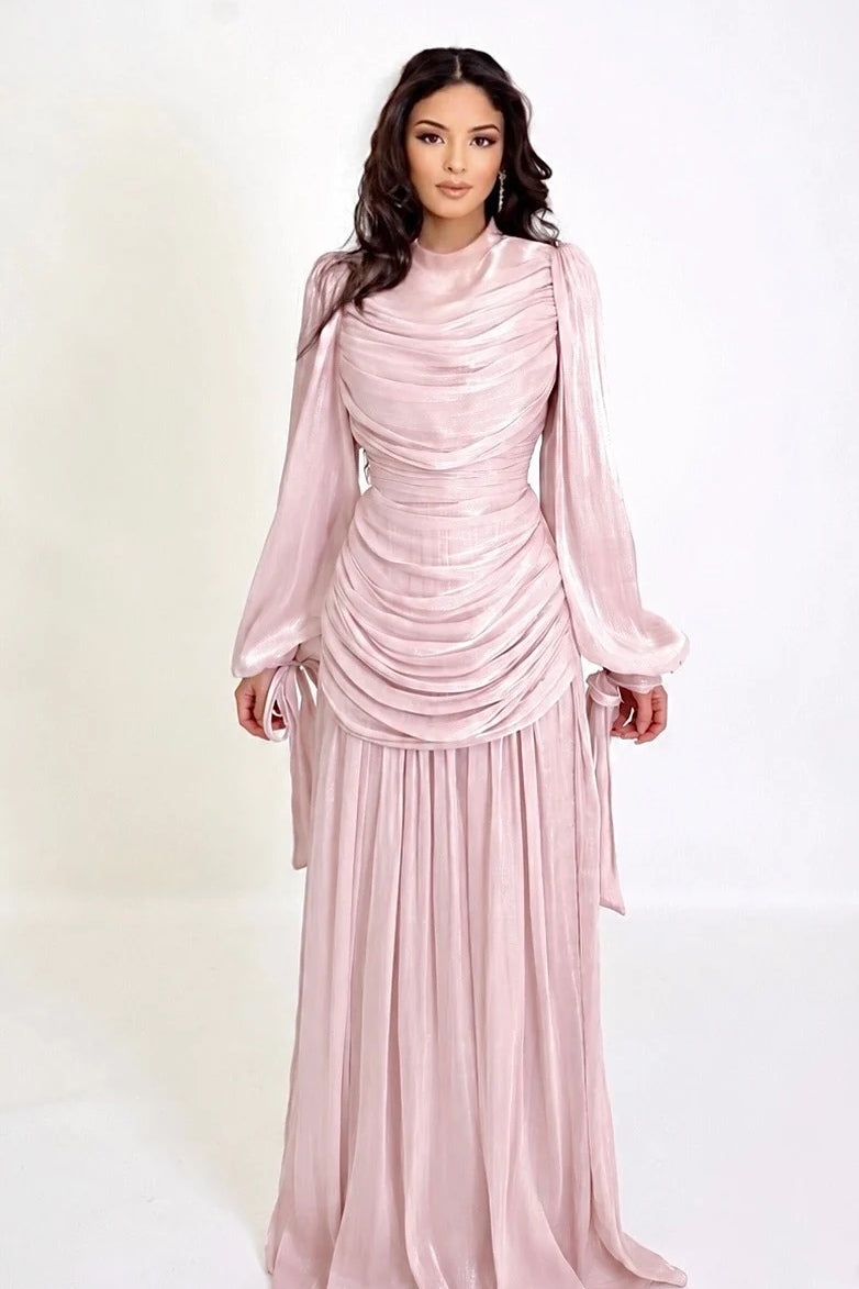 Dina Tie Cuff Draped Pleated Maxi Dress-Pink