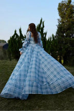 Willa Square Neck Plaid Puff Sleeve Maxi Dress