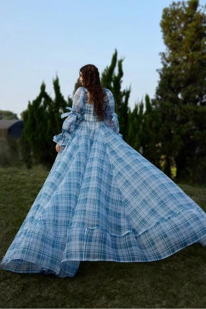 Willa Square Neck Plaid Puff Sleeve Maxi Dress