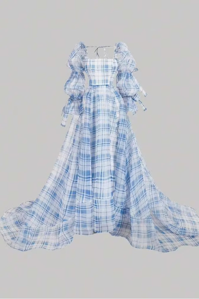 Willa Square Neck Plaid Puff Sleeve Maxi Dress