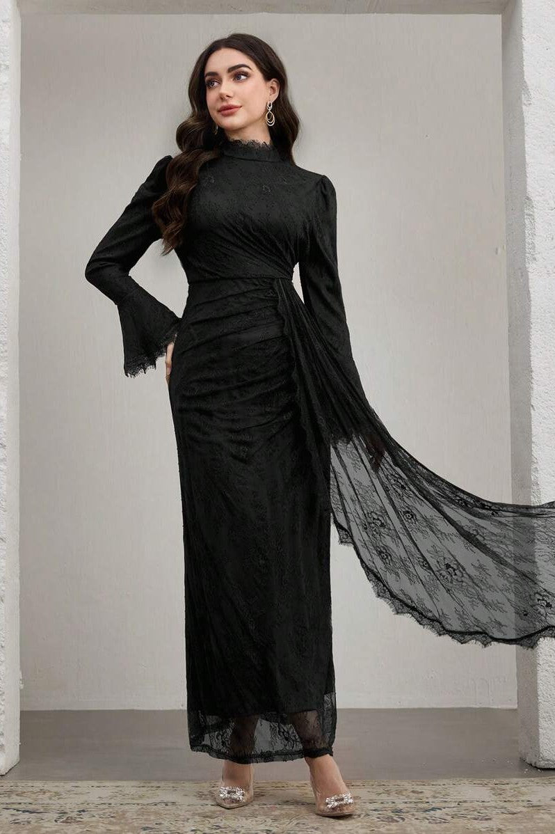 Ethereal High-End Long Sleeve Pastel Evening Maxi Dress-Black