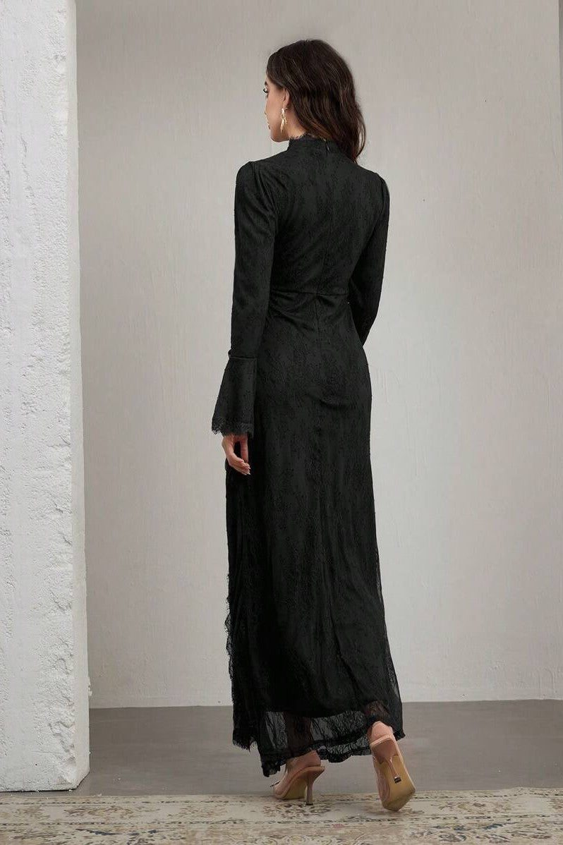 Ethereal High-End Long Sleeve Pastel Evening Maxi Dress-Black