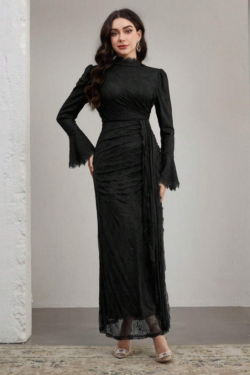 Ethereal High-End Long Sleeve Pastel Evening Maxi Dress-Black