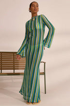 Liora Striped Knit Flare Maxi Dress-Green