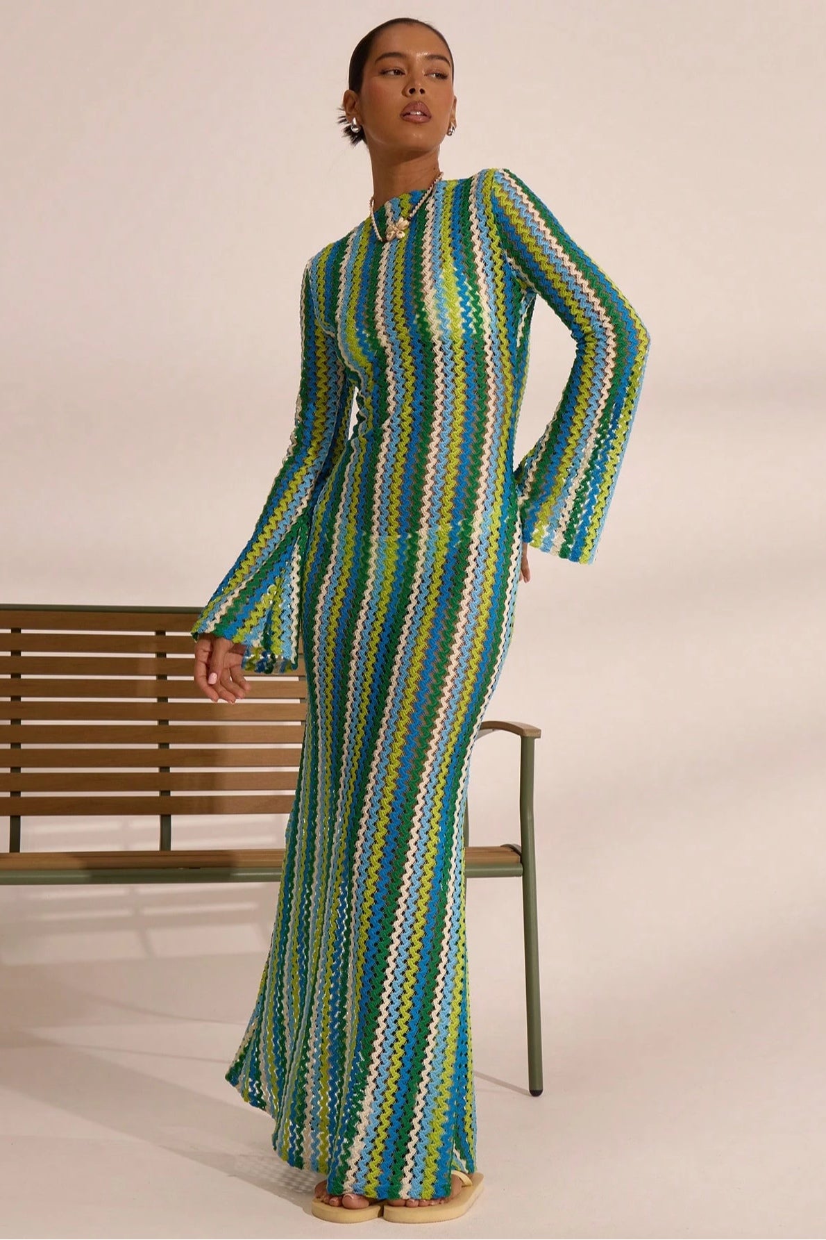 Liora Striped Knit Flare Maxi Dress-Green