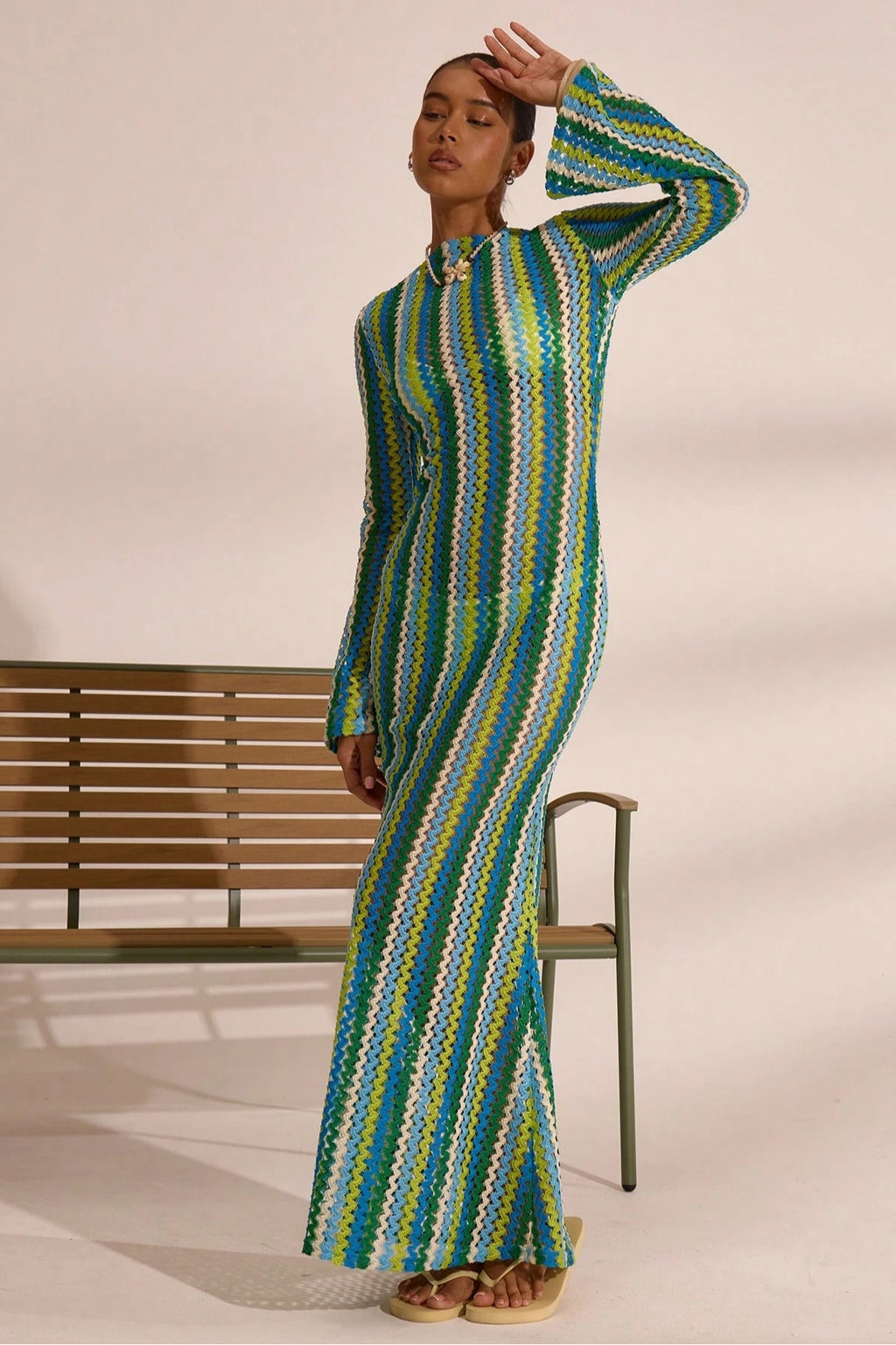 Liora Striped Knit Flare Maxi Dress-Green