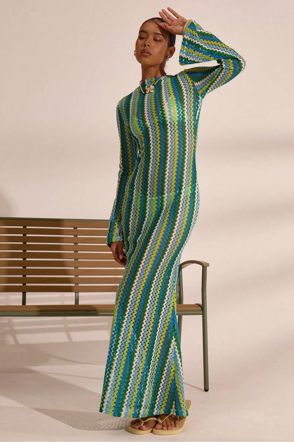 Liora Striped Knit Flare Maxi Dress-Green