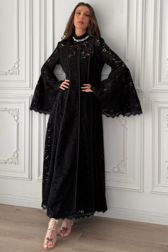 Olivia Mock Neck Lace Maxi Dress-Black