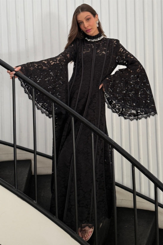 Olivia Mock Neck Lace Maxi Dress-Black