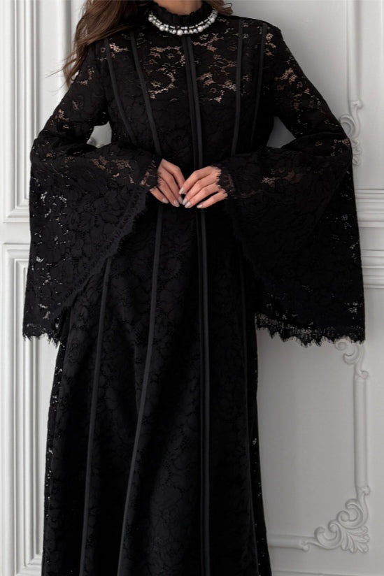 Olivia Mock Neck Lace Maxi Dress-Black