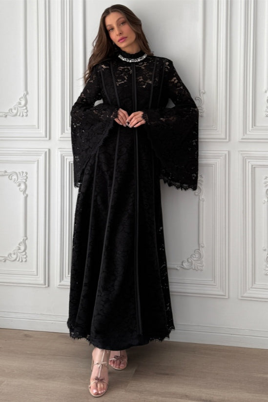 Olivia Mock Neck Lace Maxi Dress-Black