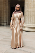Luminous Satin Ruched-Bust Maxi Dress-Gold