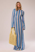 Liora Striped Knit Flare Maxi Dress-Blue