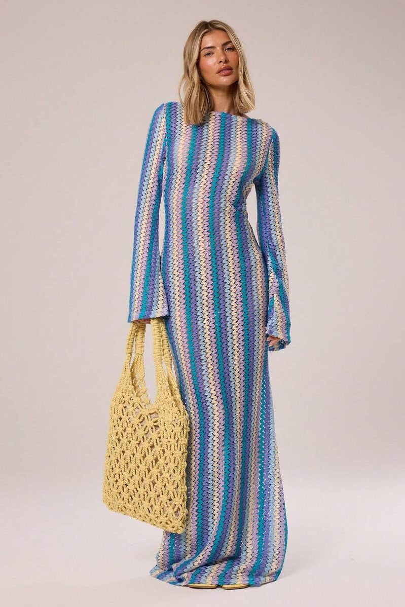 Liora Striped Knit Flare Maxi Dress-Blue