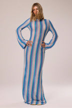 Liora Striped Knit Flare Maxi Dress-Blue