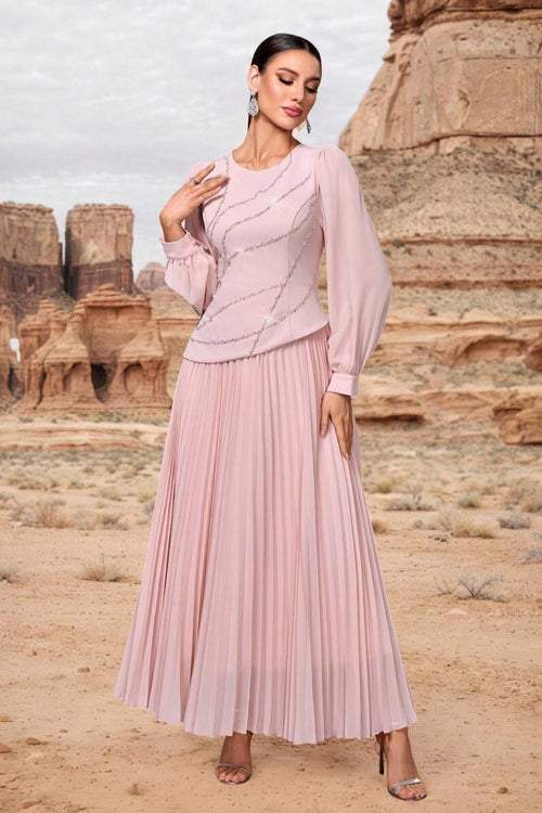 Bella Sequin Waves Pleated Dress-Pink