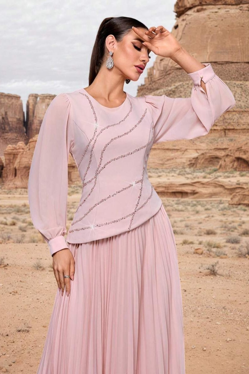 Bella Sequin Waves Pleated Dress-Pink